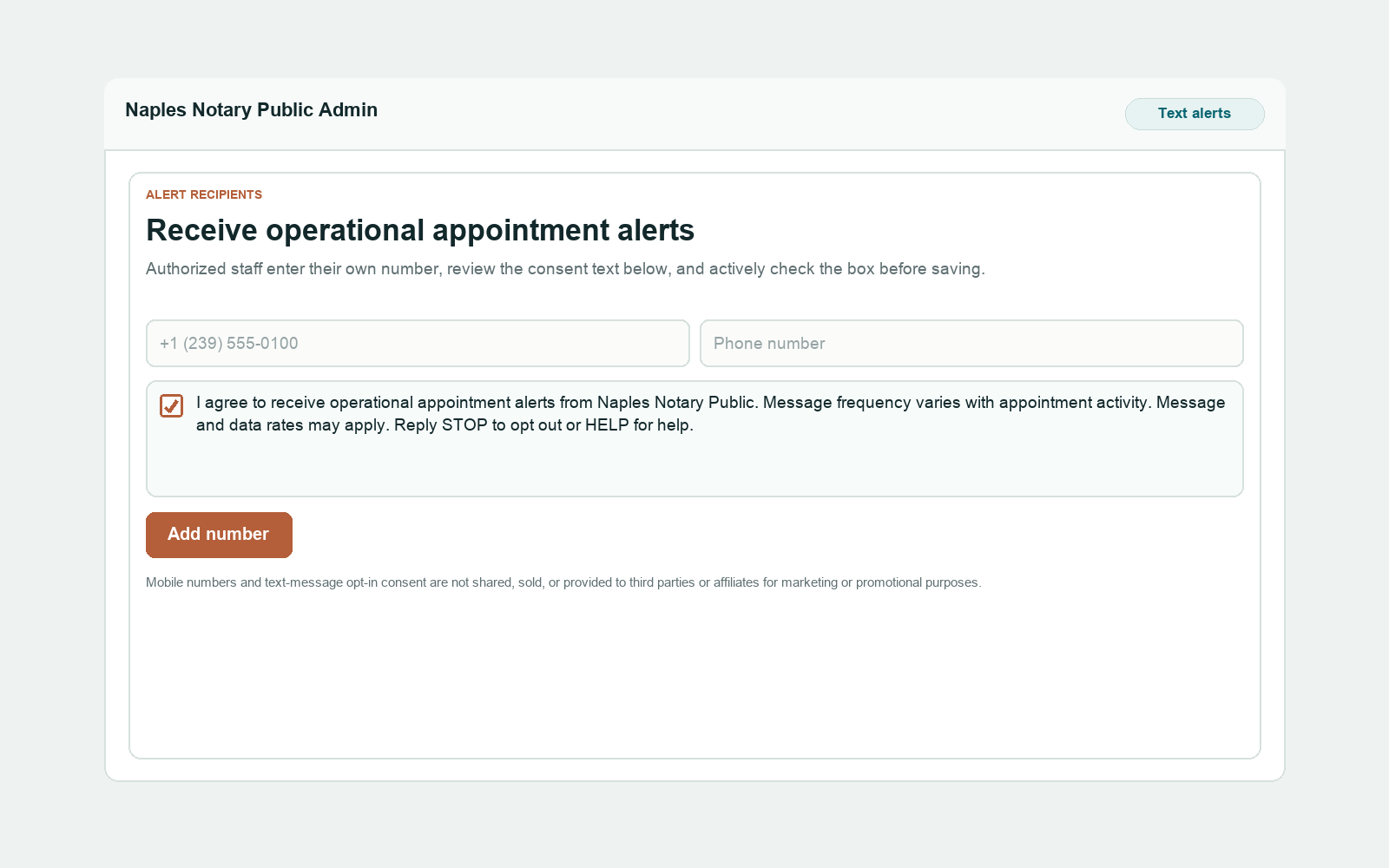 Screenshot of the SMS alert consent form in the Naples Notary admin portal